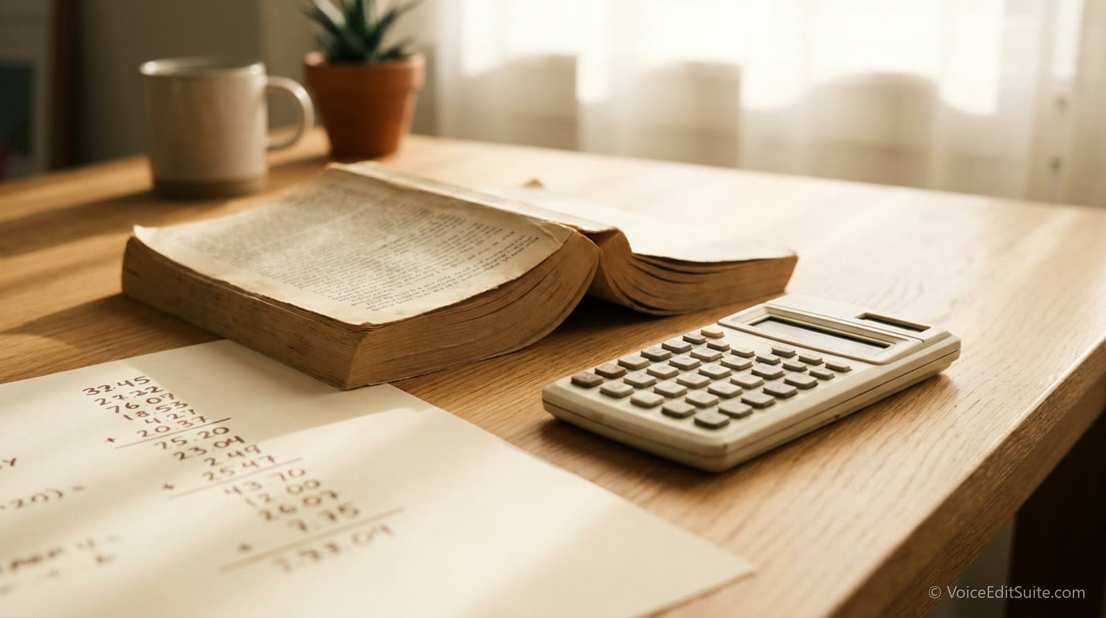 An open paperback lying face down on a desk beside a calculator and a handwritten column of figures, warm daylight
