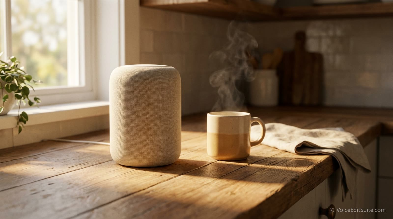 A smart speaker on a kitchen counter in bright morning light, a mug beside it