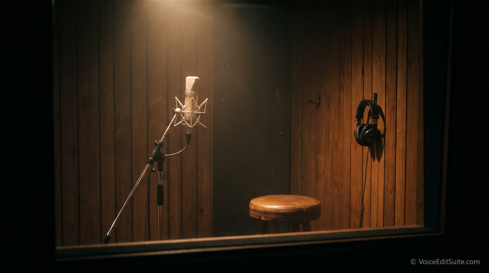 An empty recording booth seen through glass, a single microphone under a spotlight with no one at it