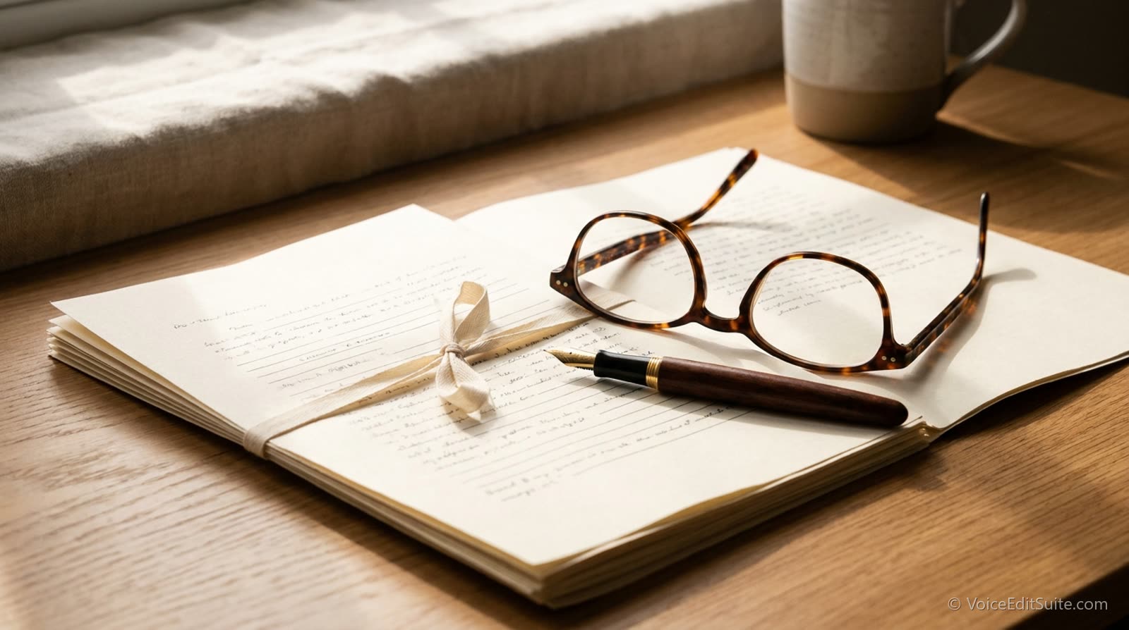 A printed legal contract on a desk with reading glasses and a fountain pen resting across it, bright daylight
