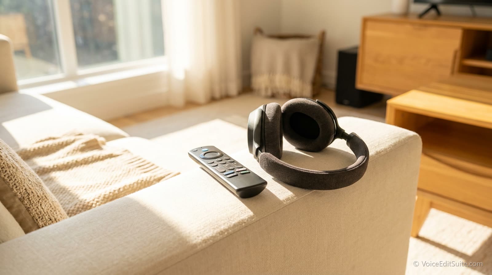 A television remote control and headphones on a sofa arm in a sunlit living room