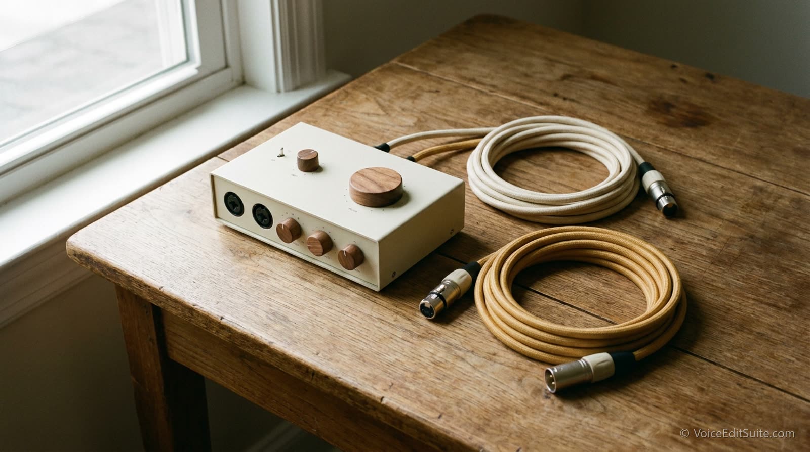 A small desktop audio interface on a wooden desk with two XLR cables coiled beside it, daylight from a window