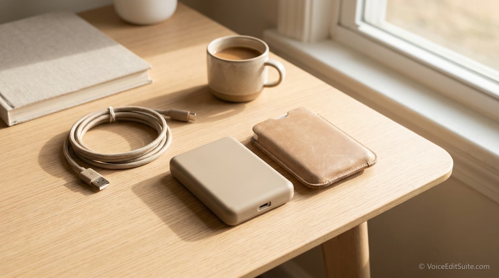 Two portable hard drives and a USB cable on a tidy desk in bright daylight