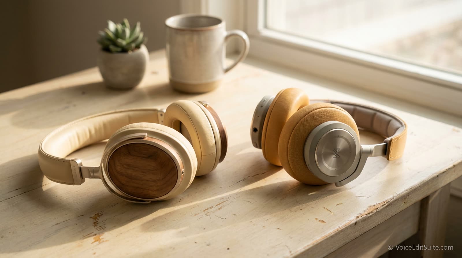 Two pairs of over-ear headphones side by side on a pale wooden desk, morning light