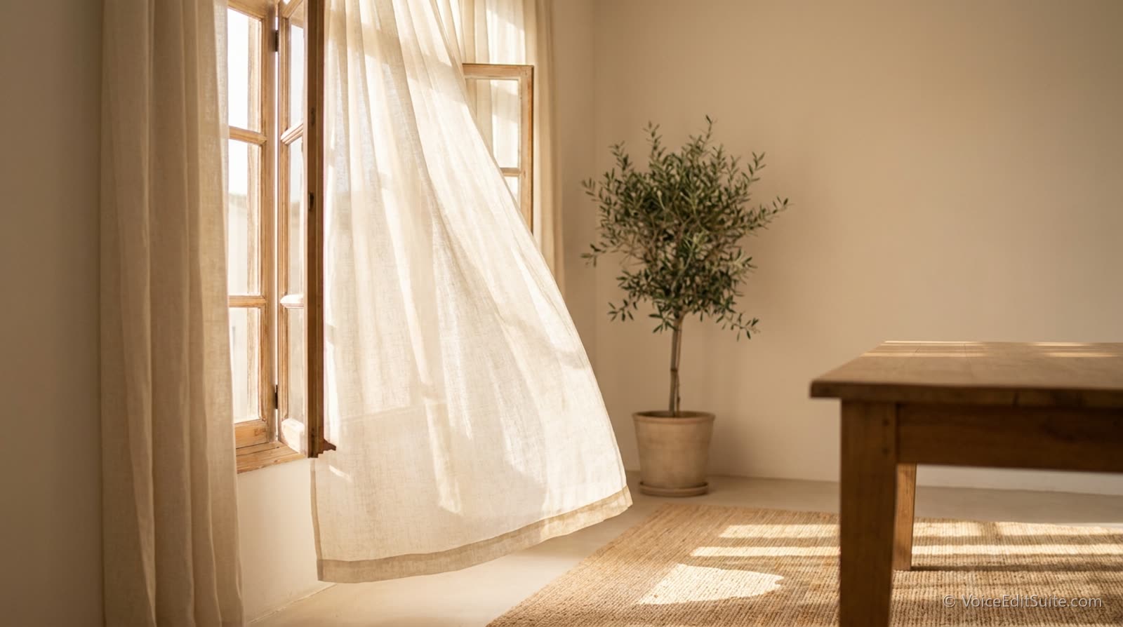 An open window with a light curtain lifting in the breeze, bright airy room