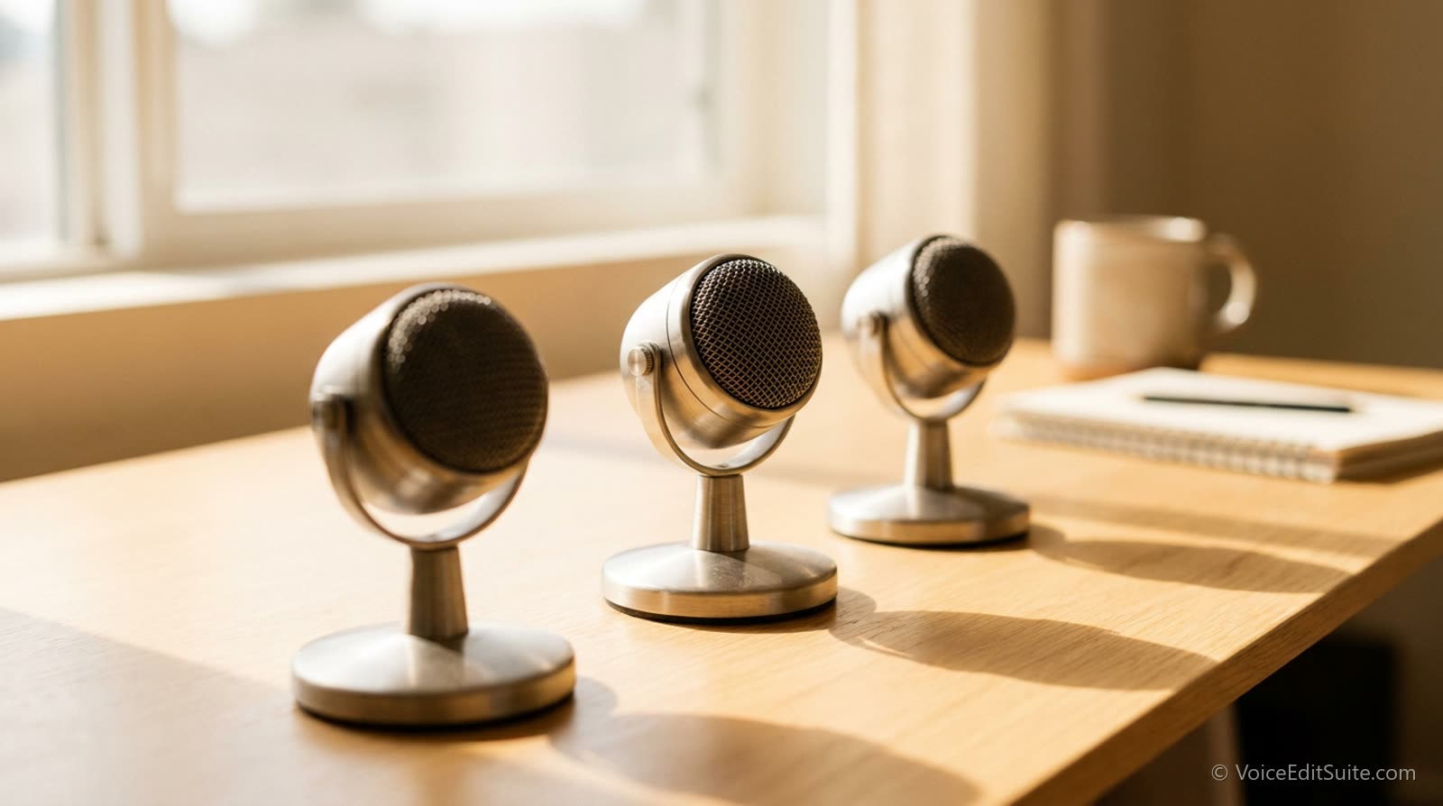 Three small microphones lined up on a bright desk, shallow depth of field
