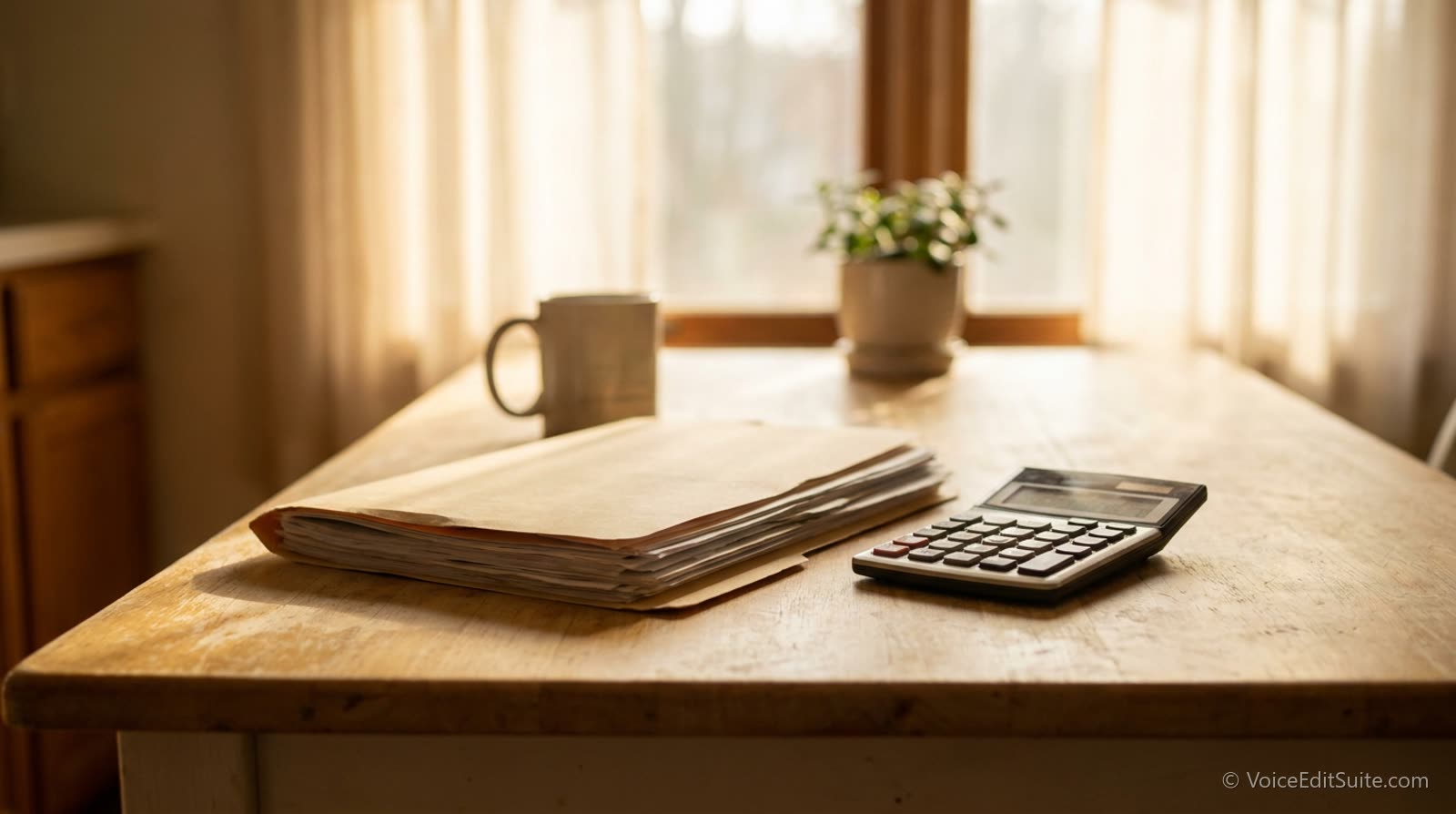 A folder of paperwork and a calculator on a kitchen table in daylight