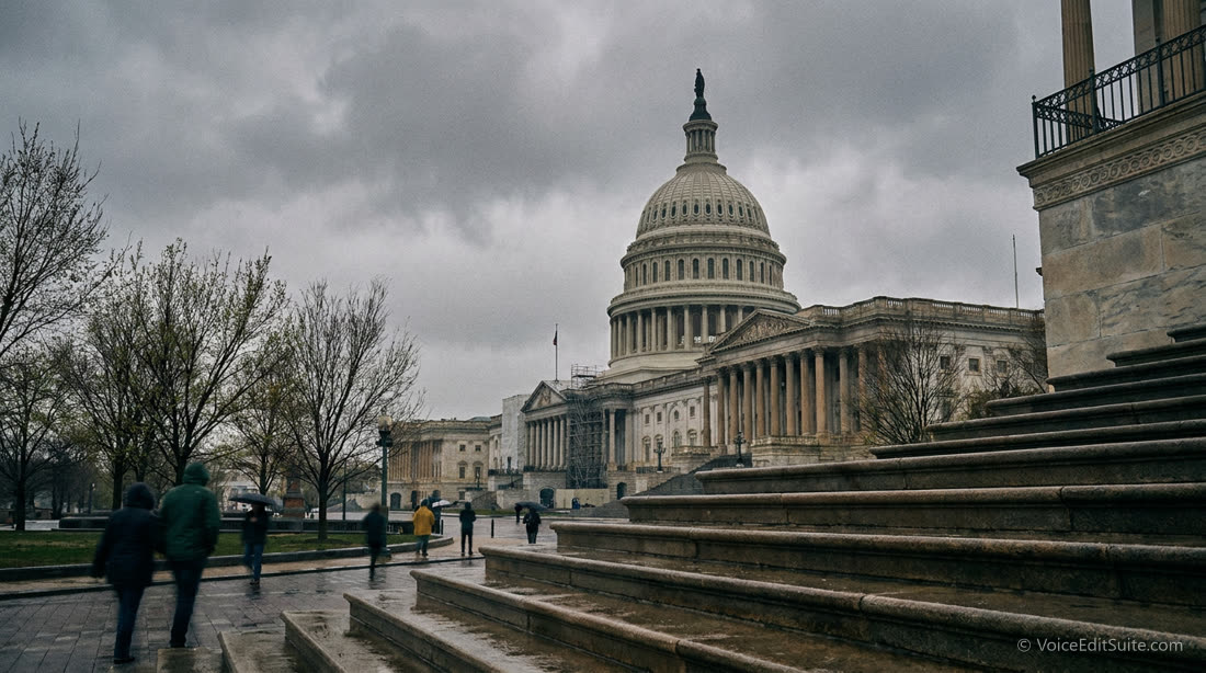 The United States Capitol building on an overcast morning, seen from the base of its steps