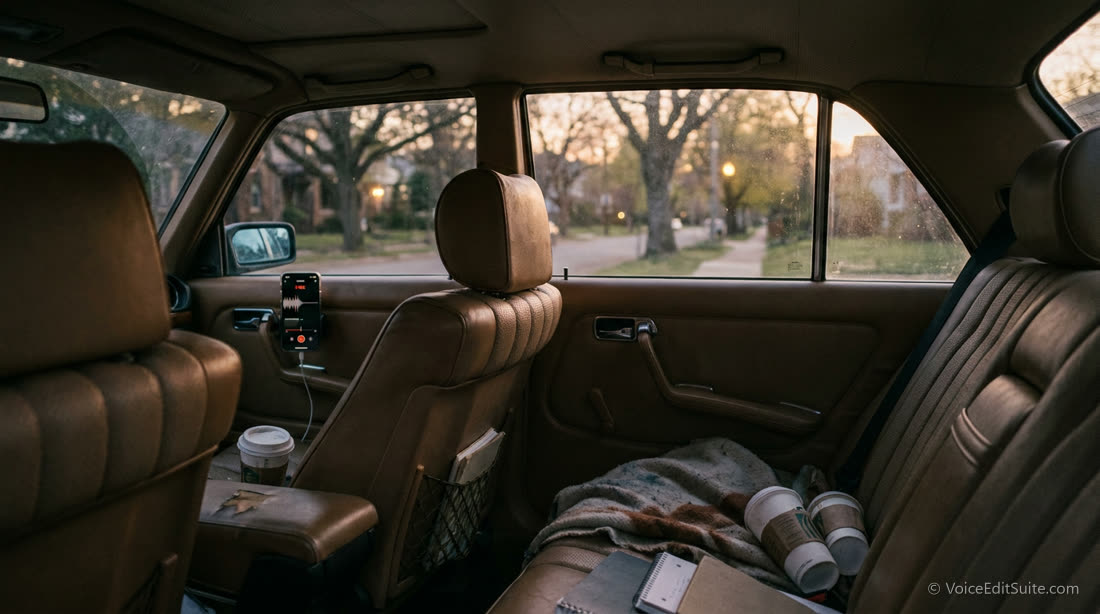 The interior of a parked car with a smartphone mounted in recording mode