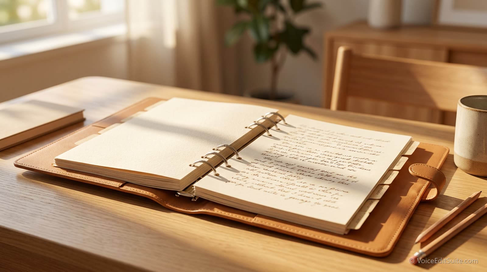 A ring binder open at tabbed dividers with handwritten notes, on a sunlit desk