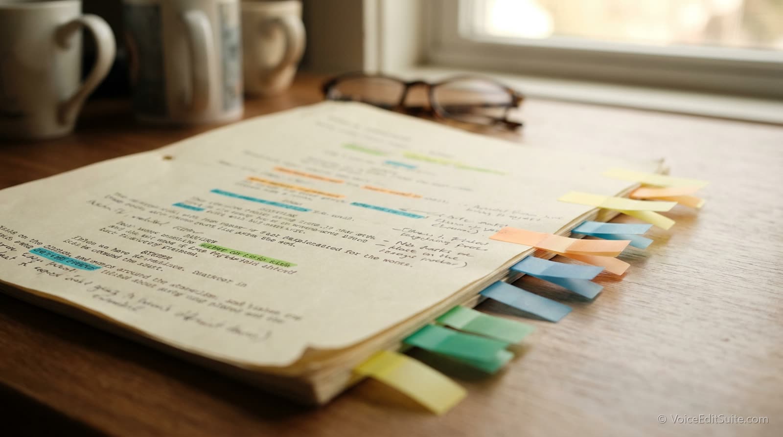 A marked-up script page with colourful sticky tabs down the edge, bright daylight