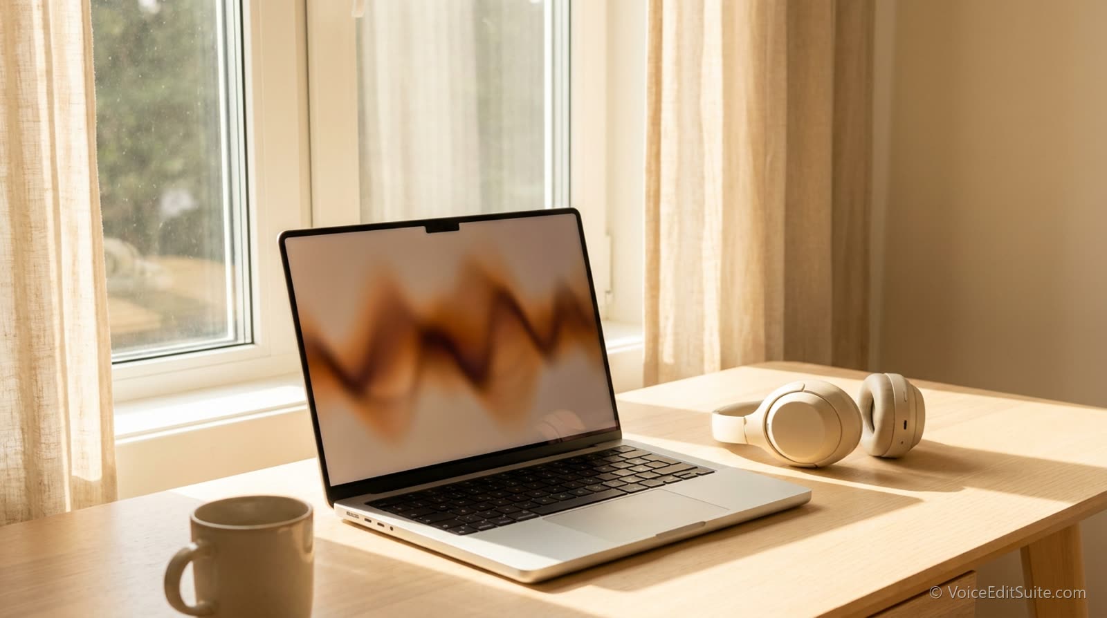 A laptop on a desk showing a blurred audio waveform, headphones beside it, window light