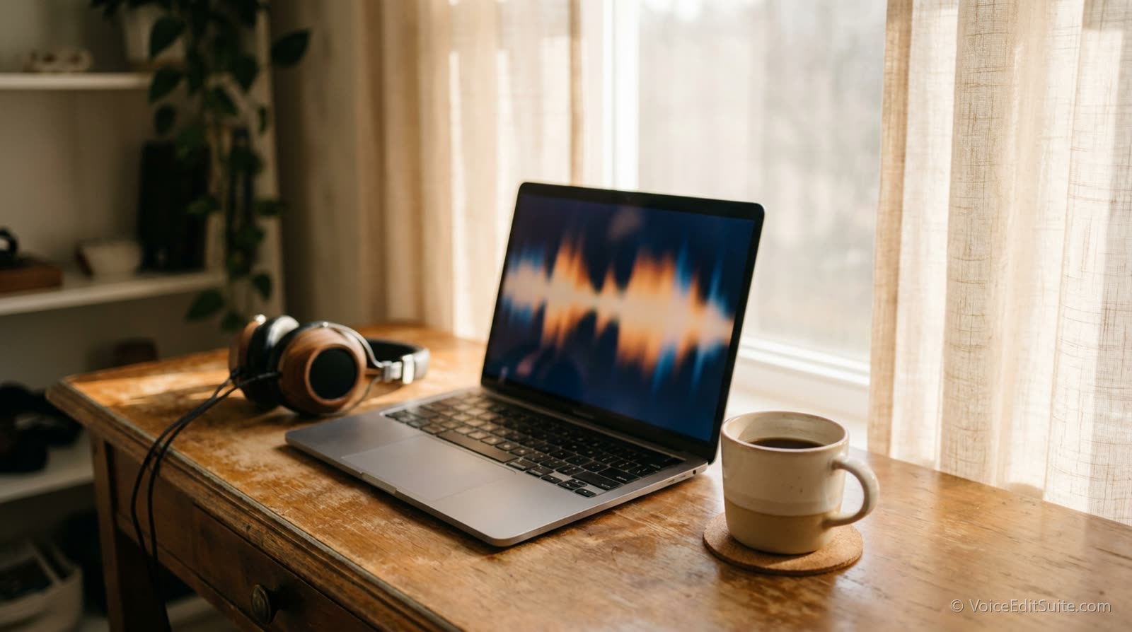 A laptop on a sunlit desk showing a blurred audio waveform, headphones resting beside it, a mug half full