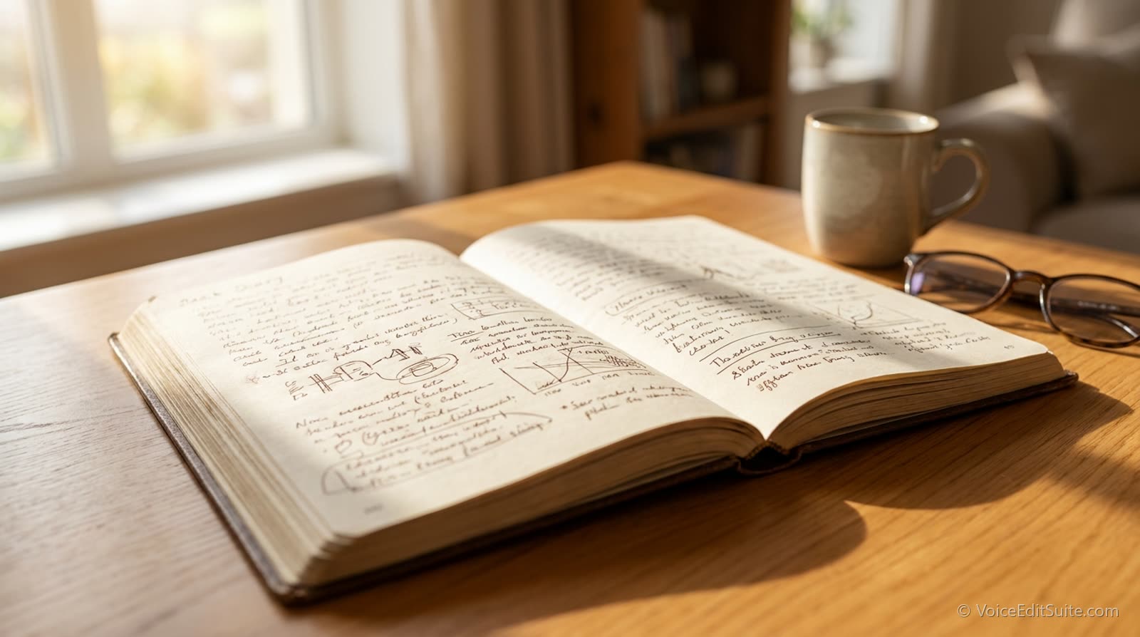 A desk diary open at a week filled with handwritten appointments, warm daylight