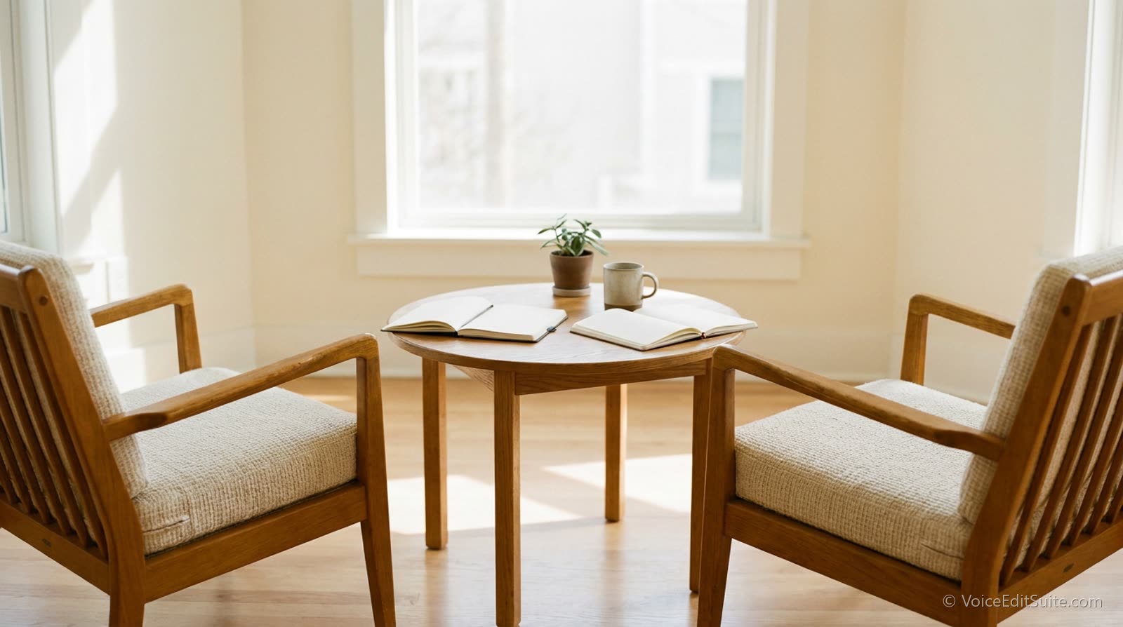 Two chairs facing each other across a small table with notebooks open, bright room
