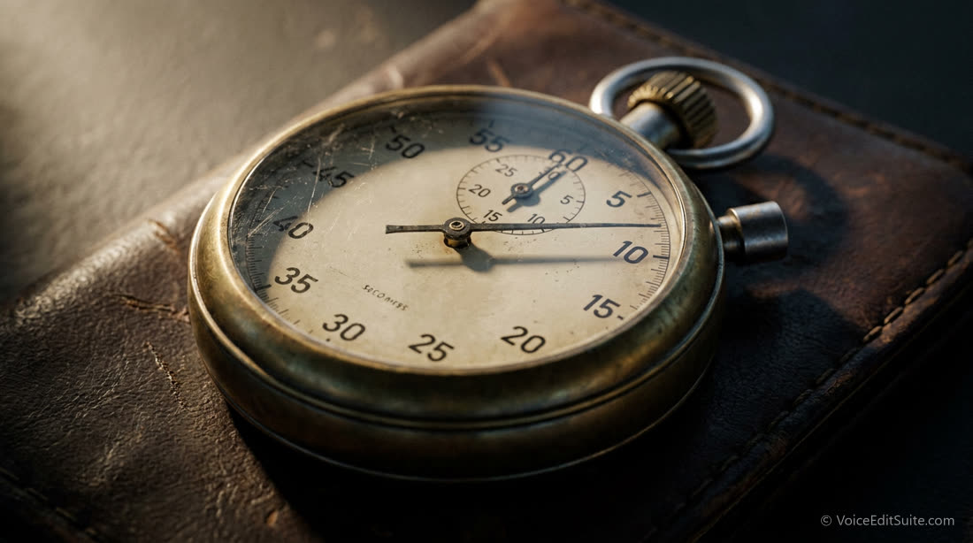 An analog stopwatch with the second hand near the ten second mark