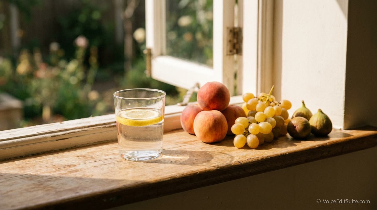 A clear glass of water on a bright windowsill with fresh fruit beside it