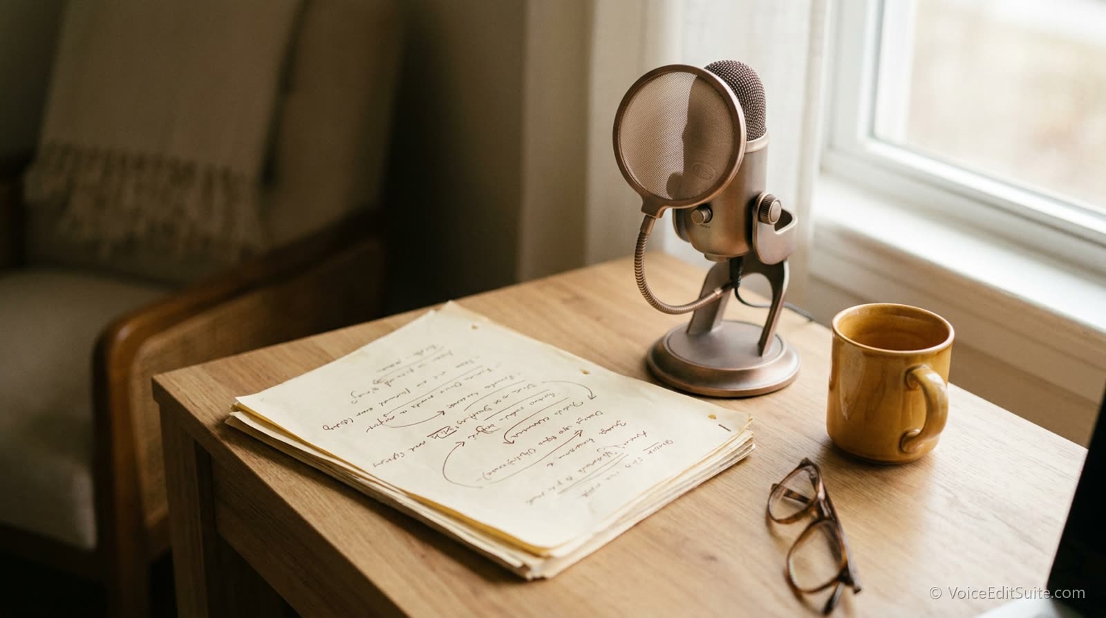 A marked-up narration script beside a microphone on a desk, soft daylight