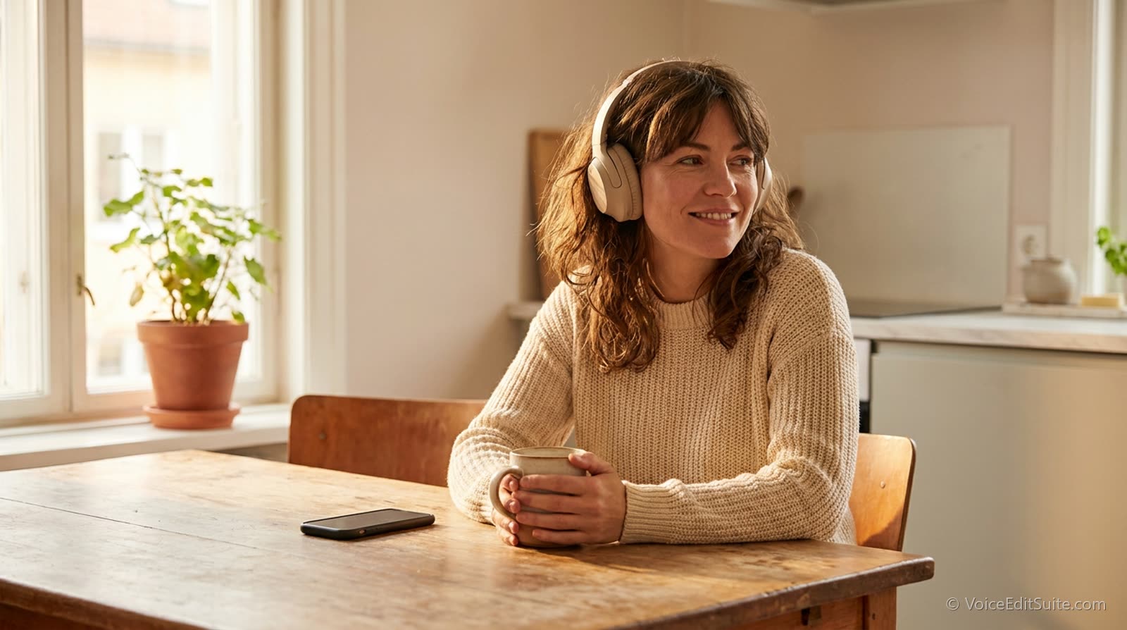Someone listening happily on headphones at a sunlit kitchen table, coffee in hand, phone face down