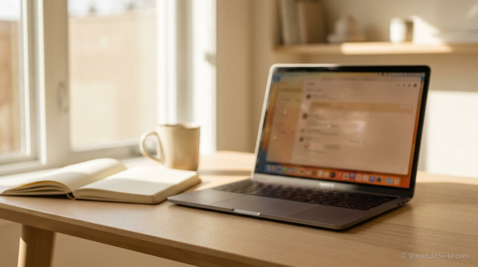 A laptop open on a training module, blurred, on a bright modern desk with a notebook