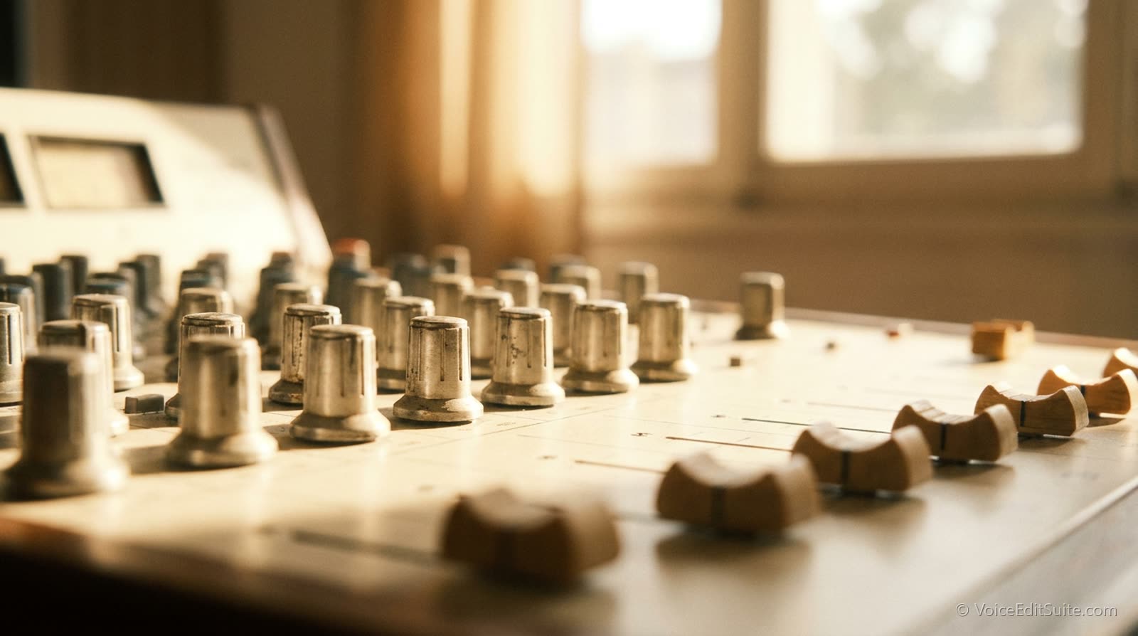 A close view of an audio mixing console's rotary knobs, warm daylight, shallow focus