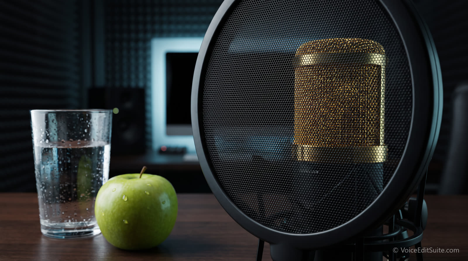 Close-up of a condenser microphone capsule behind a pop filter, with a glass of water and a green apple on the desk beside it