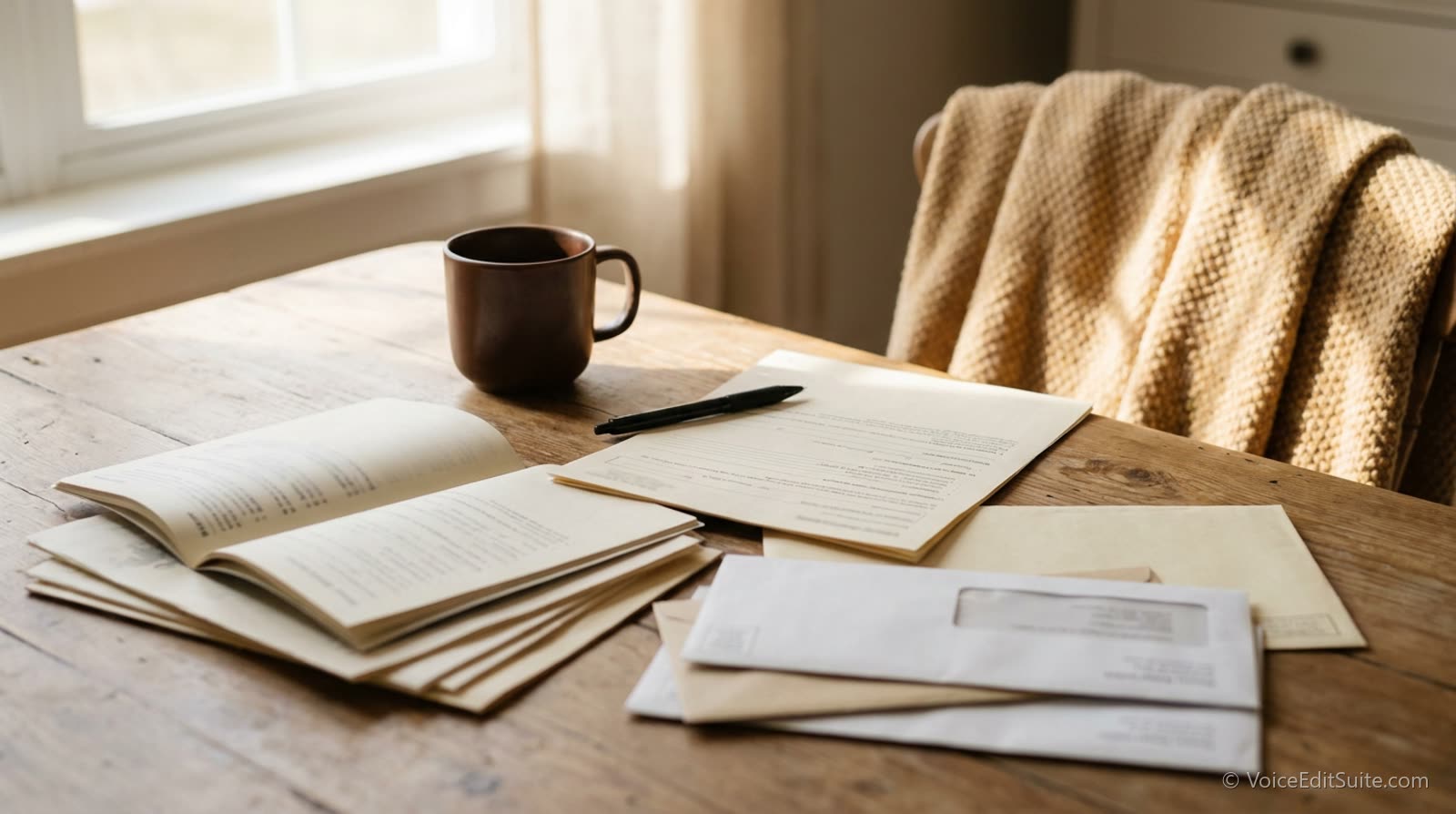 Insurance paperwork spread on a kitchen table with a pen and a mug, daylight