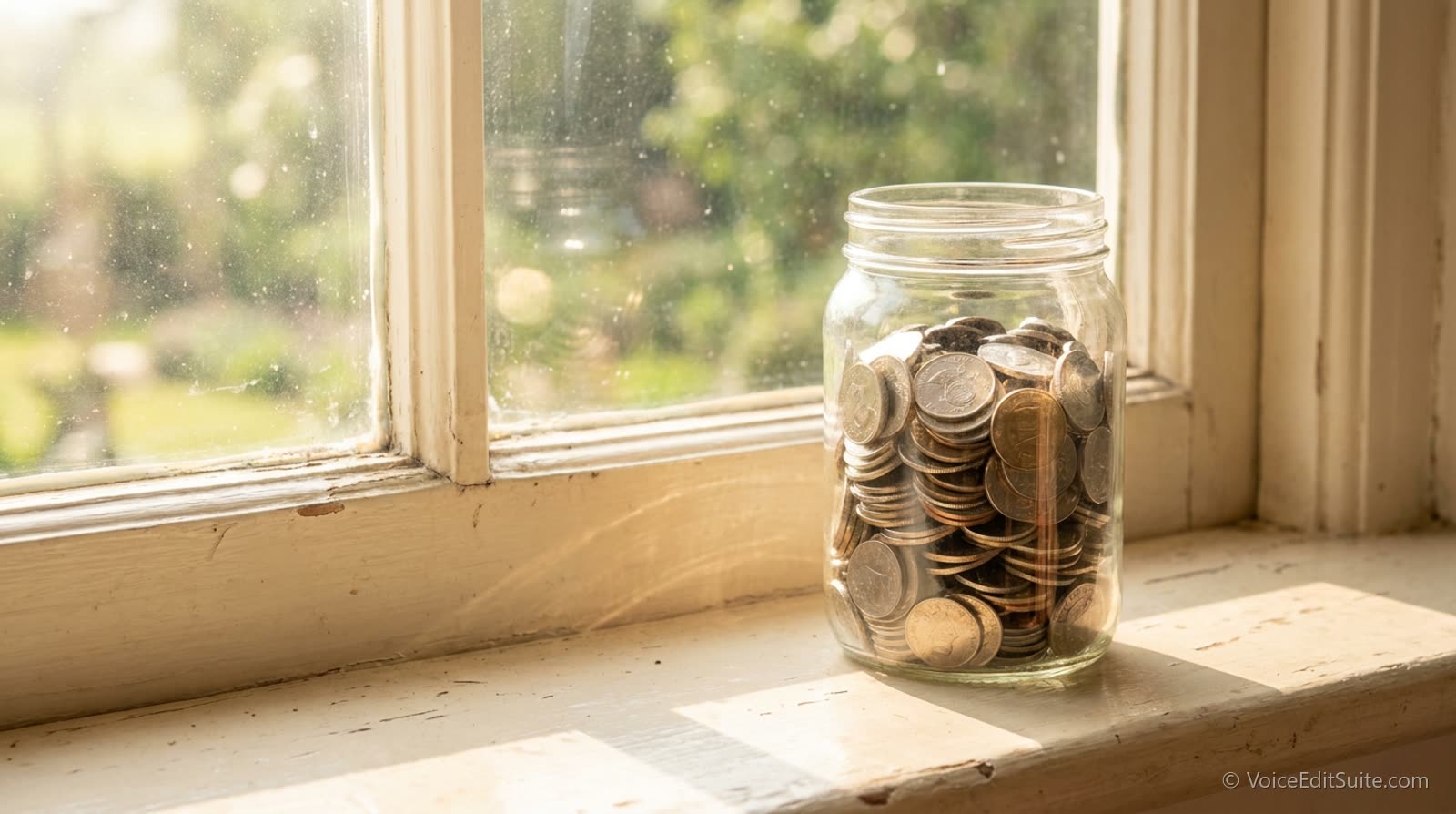 A savings jar of coins on a windowsill in bright morning light