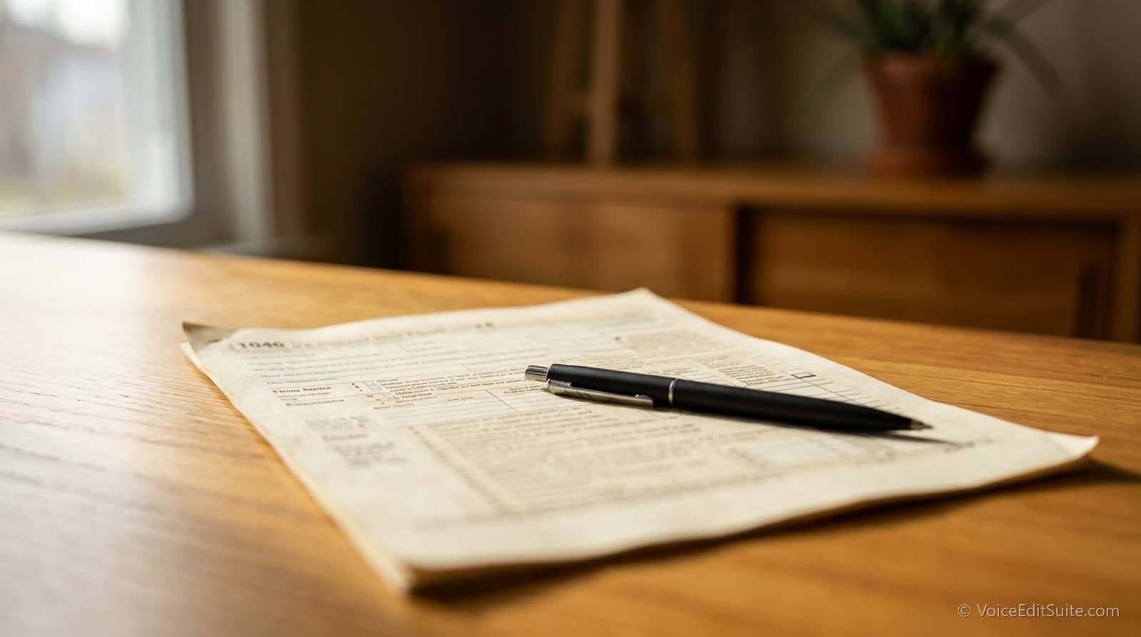 A printed government form on a desk with a pen resting on it, bright daylight