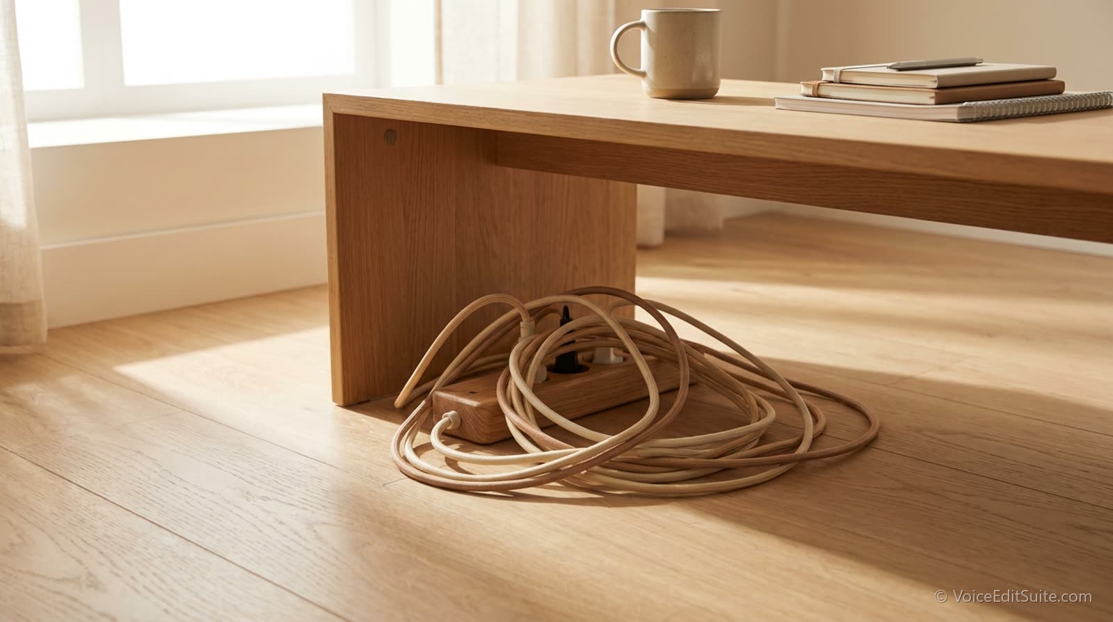 A tangle of power cables and a plug strip under a desk, daylight reaching in