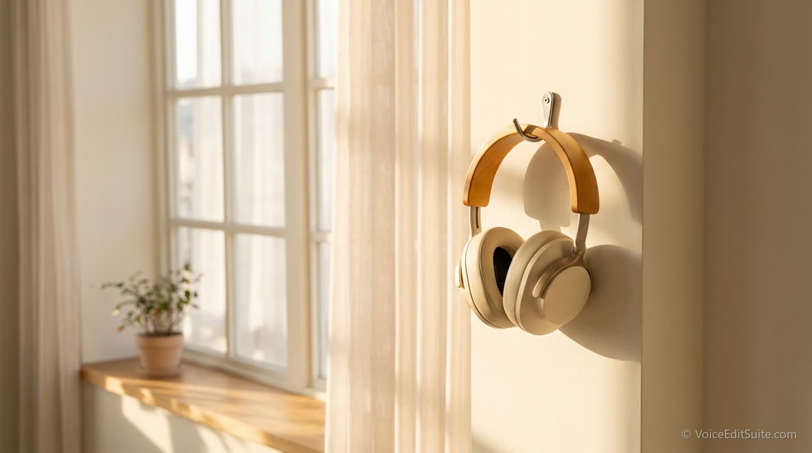 A pair of studio headphones hanging on a hook by a bright window
