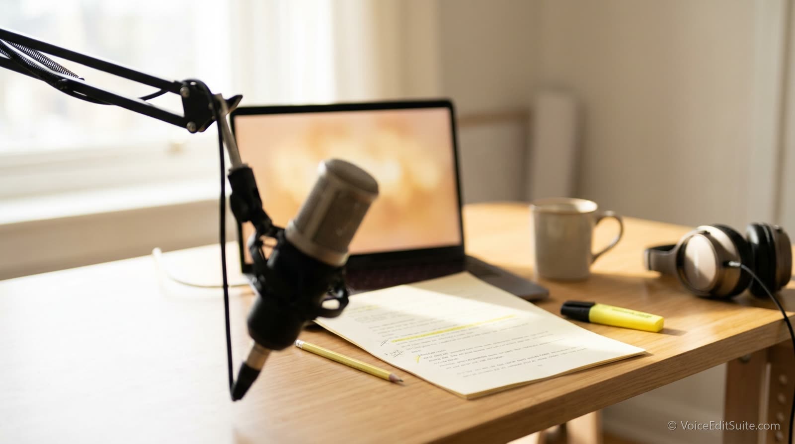 A marked-up sponsor script on a home studio desk beside a microphone, headphones and a mug, in morning light