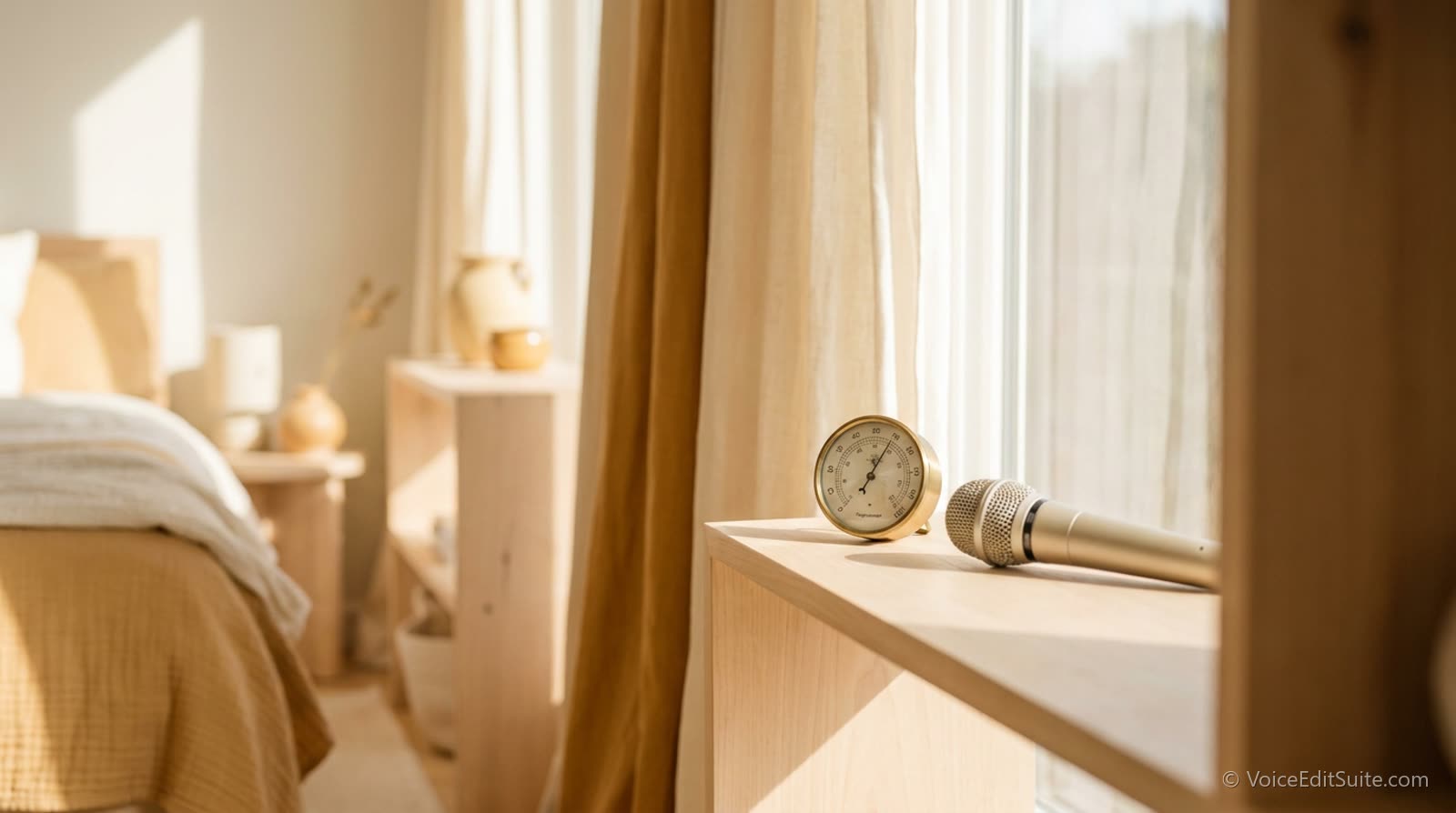 A small hygrometer on a shelf beside a microphone in a bright room