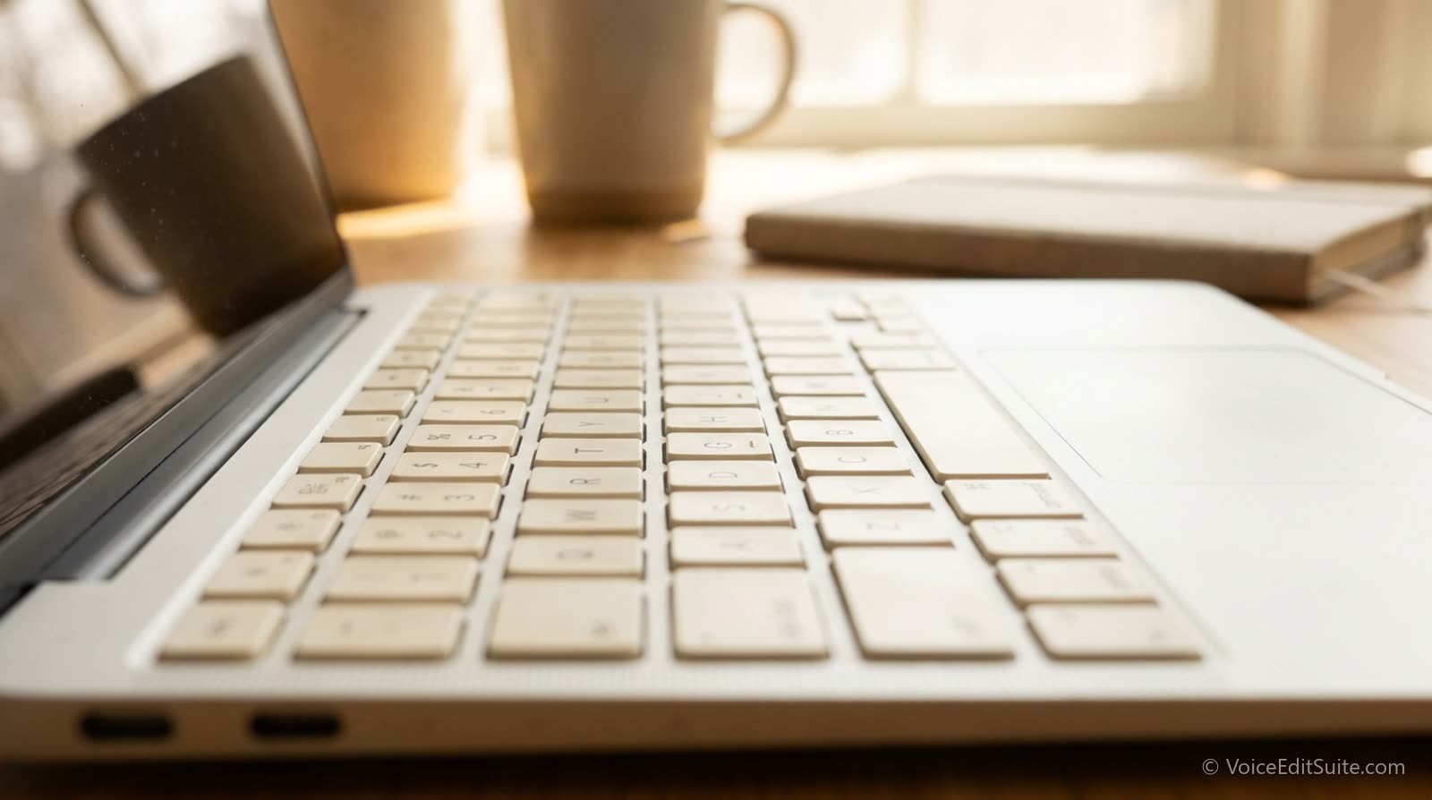 A close view of a laptop keyboard on a bright desk, shallow depth of field