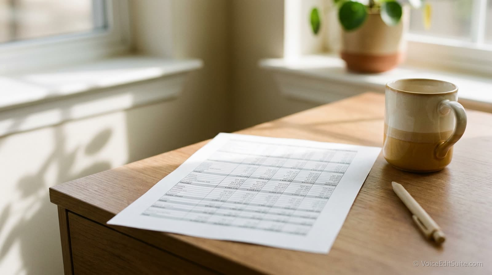 A printed spreadsheet of figures on a desk with a pen and a mug, daylight