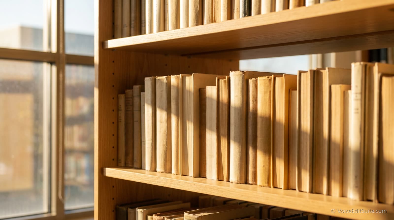 A public library shelf of spines with afternoon sun across them