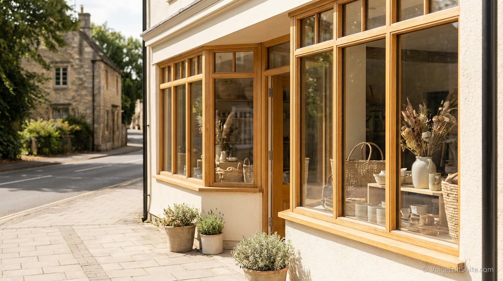 A local high street shopfront in bright daylight seen from across the road