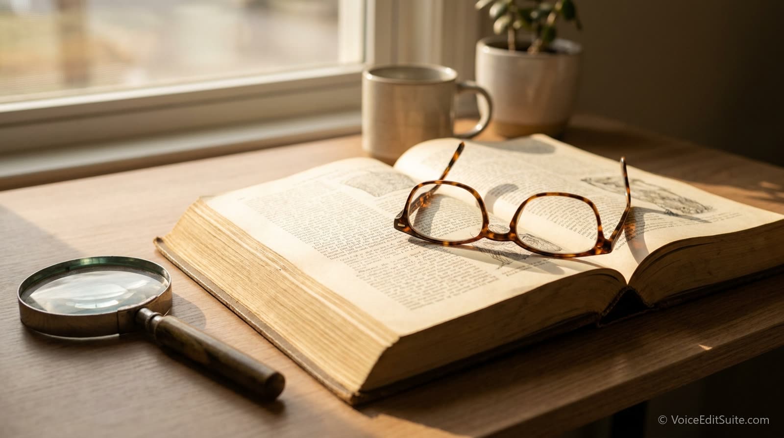 A thick reference book open on a desk with a magnifying glass and reading glasses, daylight