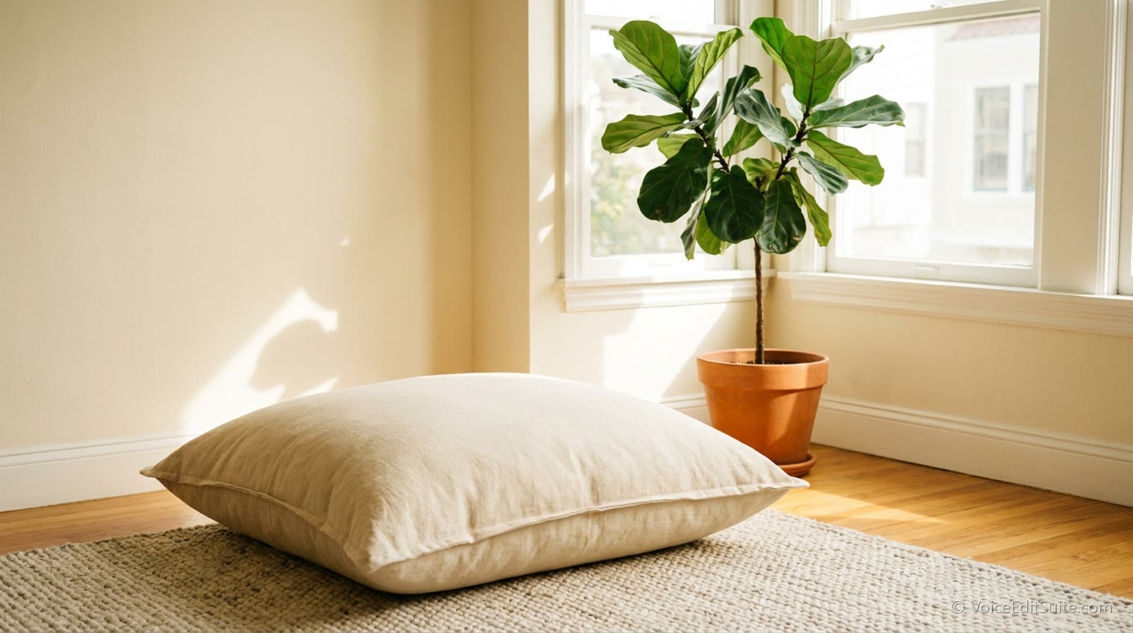 A still, sunlit room with a cushion on the floor and a plant by the window