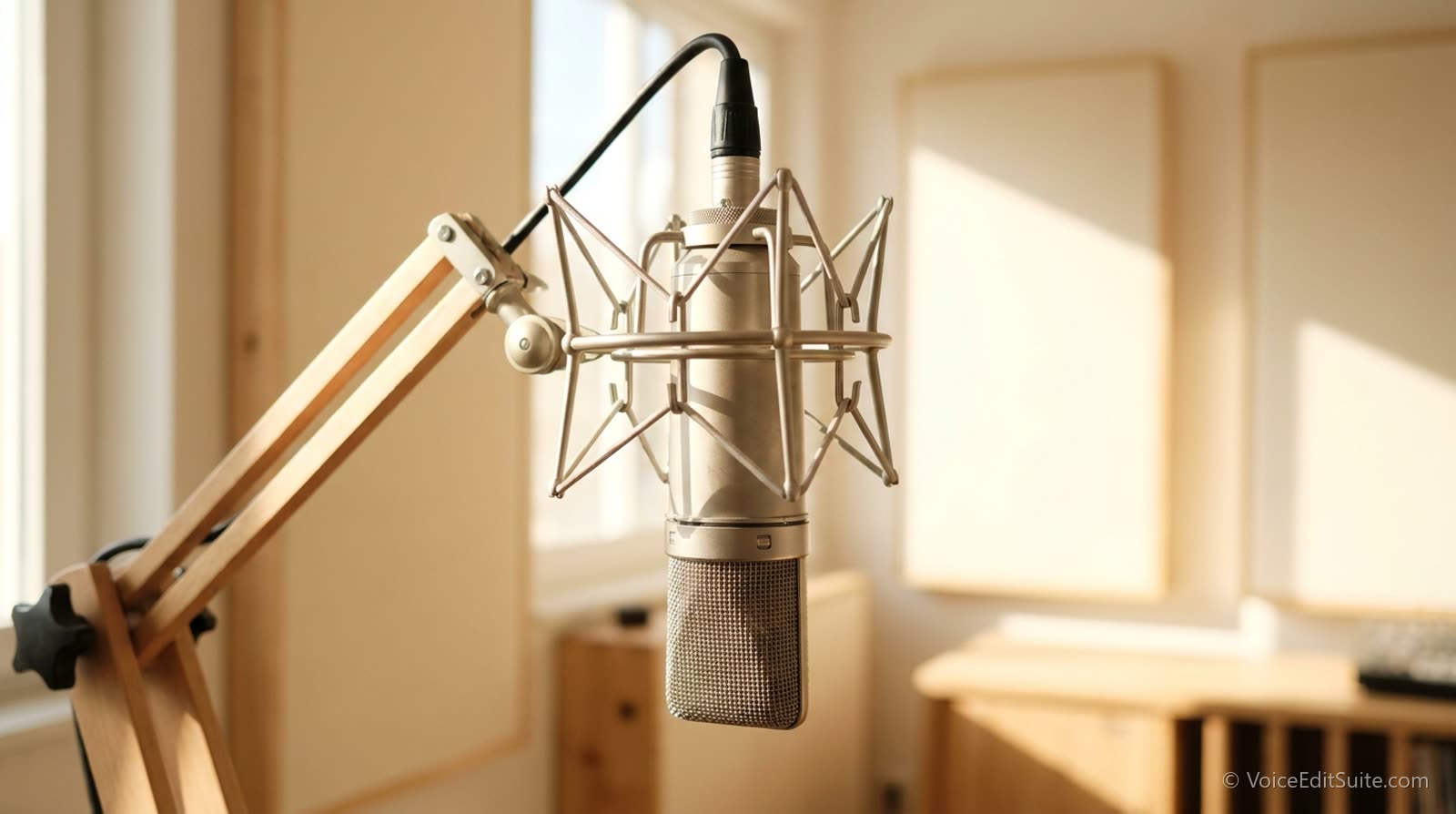 A microphone in a shock mount on a boom arm, close and detailed, bright daylight
