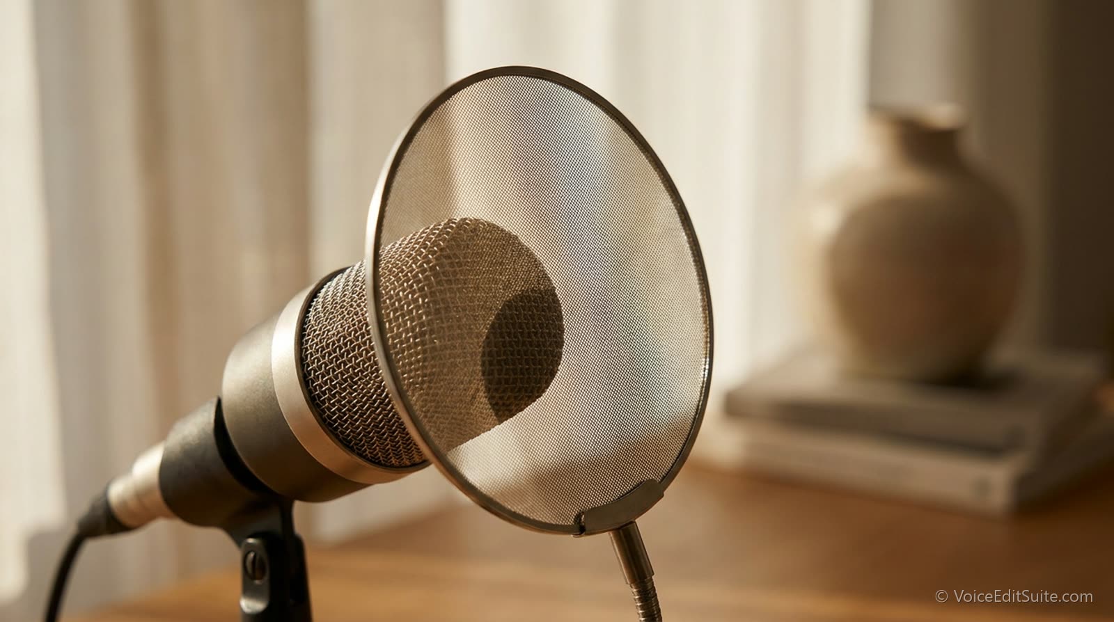 A condenser microphone with a pop filter photographed close from the side, soft window light