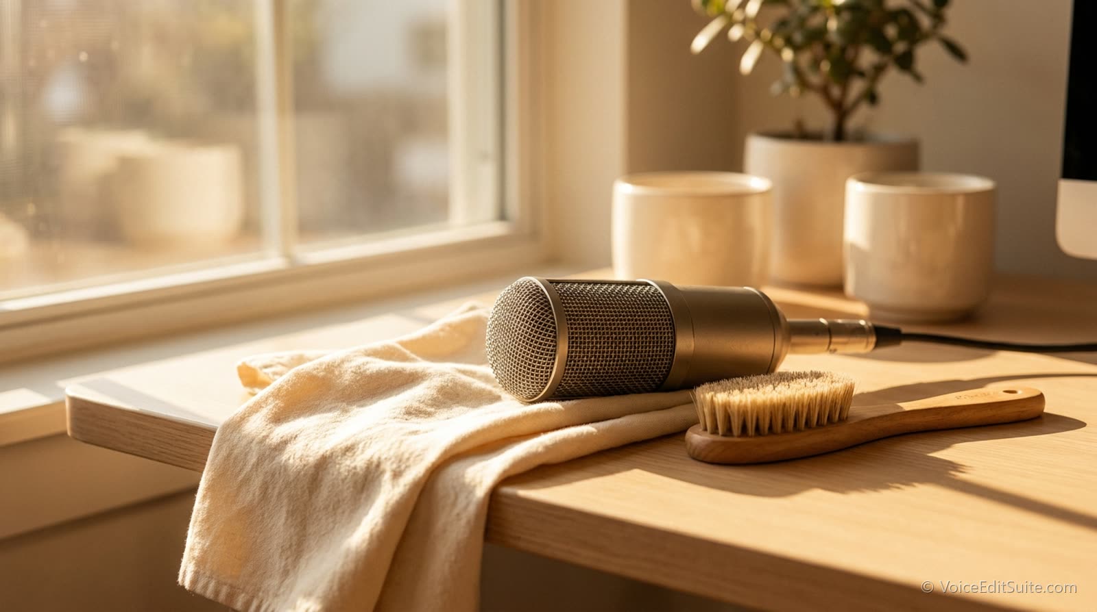 A microphone on a desk beside a soft cloth and a small brush, bright daylight