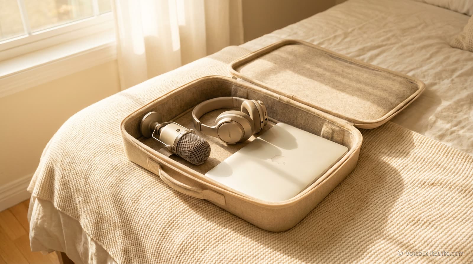 A small microphone, headphones and a laptop packed neatly into an open carry case on a bed, daylight