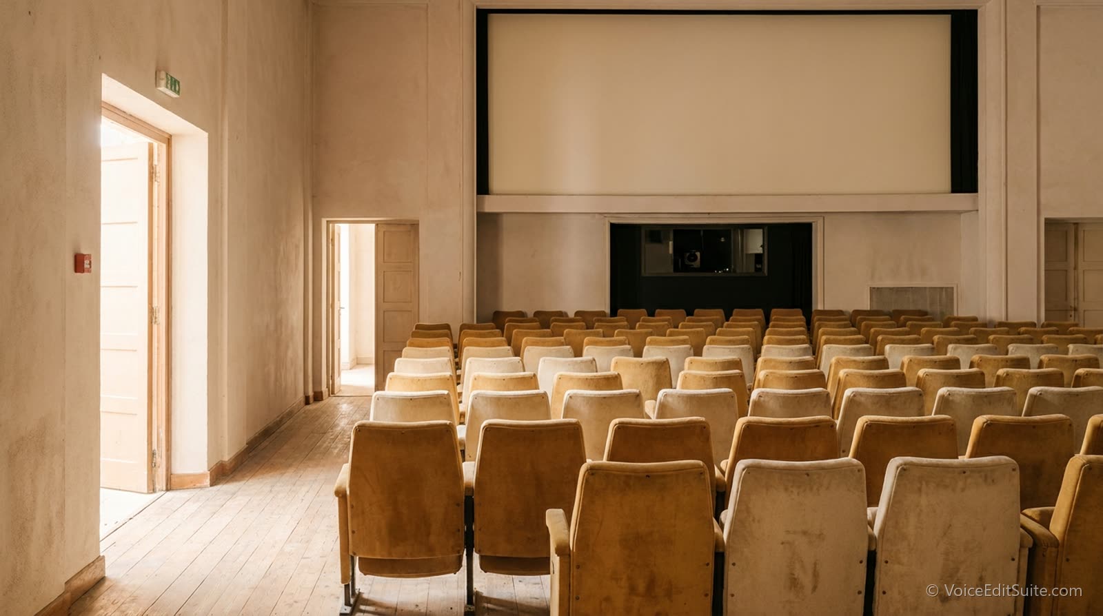 An empty cinema auditorium with daylight spilling in from an open door