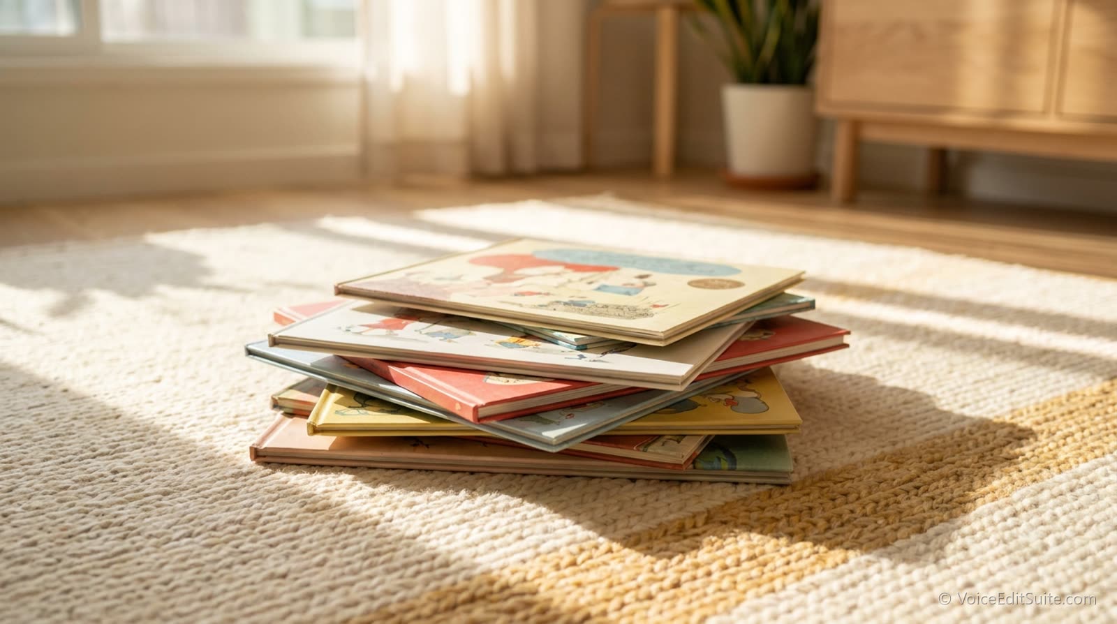 A pile of colourful picture books on a sunlit rug