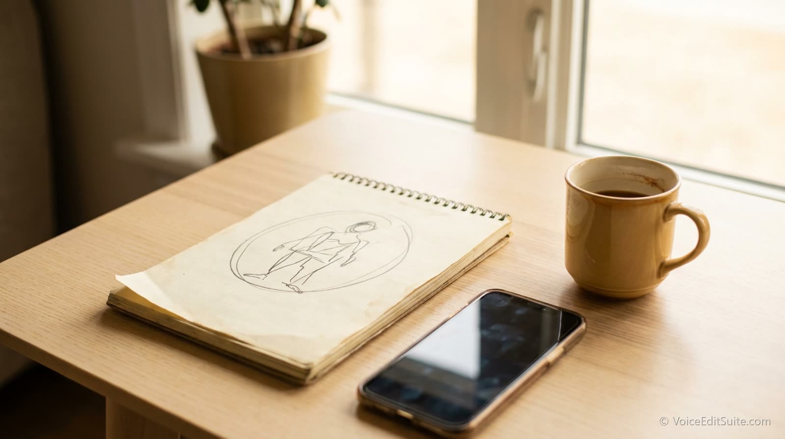 A notepad with a handwritten figure circled, beside a phone and a mug on a bright desk