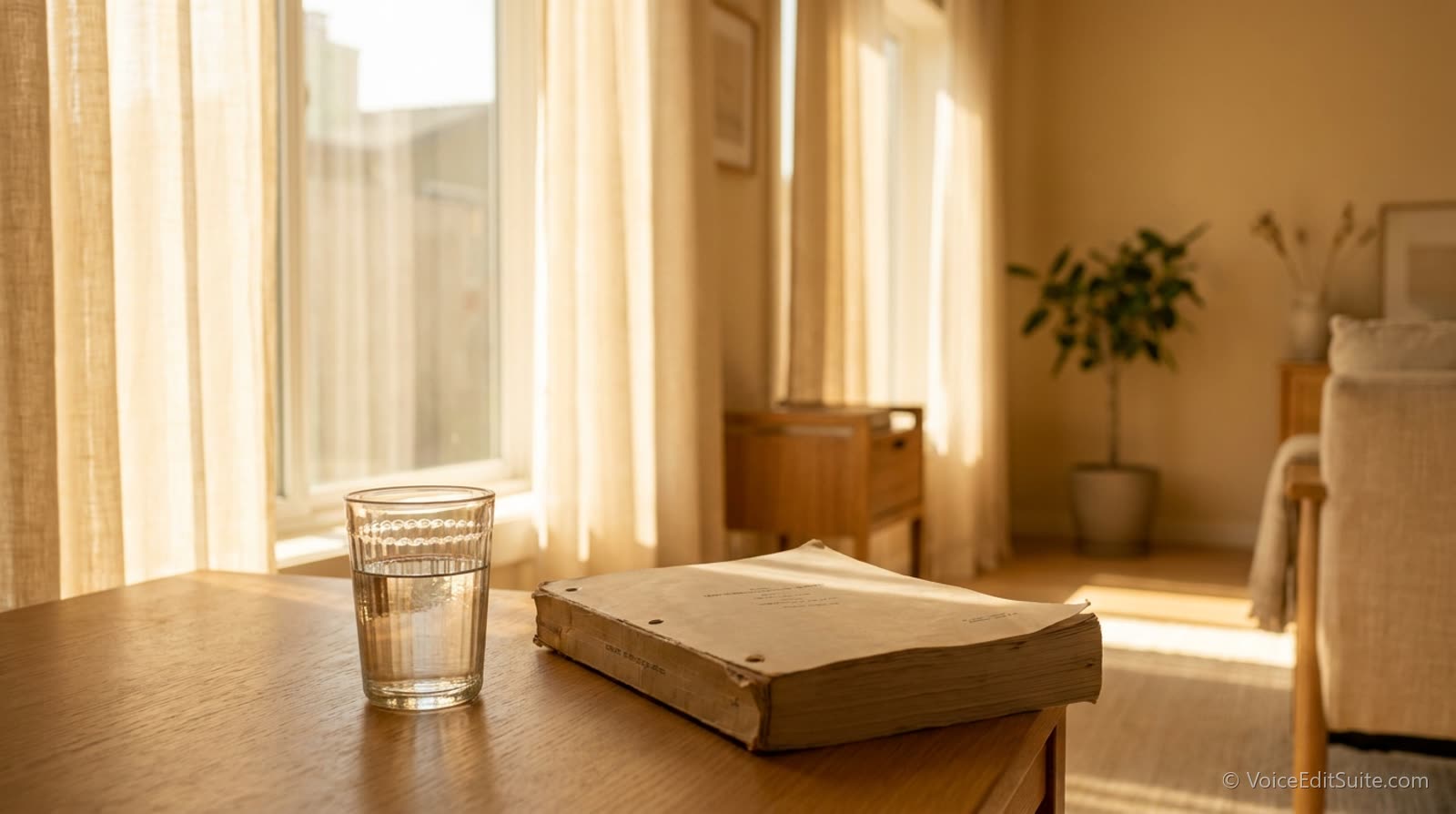 A glass of water and a script face down on a table by a sunny window