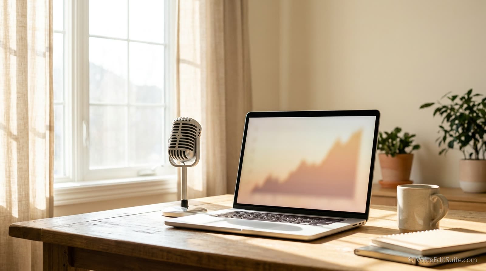 A microphone on a desk beside an open laptop showing a blurred rising chart, bright daylight