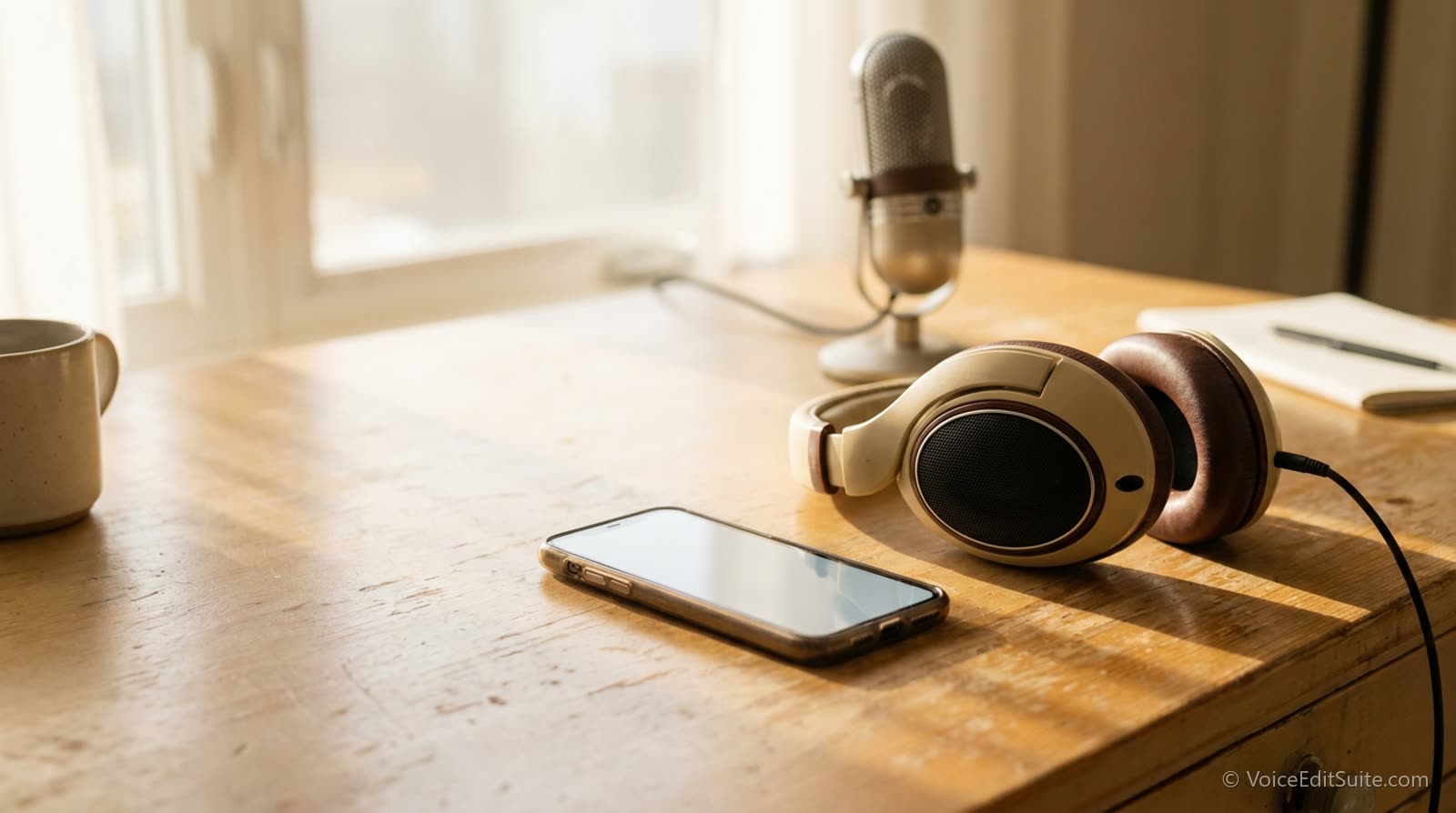 A phone lying on a desk beside headphones and a microphone, bright morning light