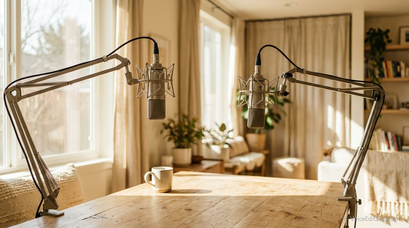 Two microphones on boom arms facing each other across a table in a bright room